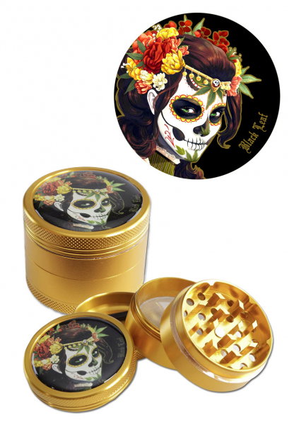 Grinder metalic 'Black Leaf' Mexican Skull, 4 parti, Ø50mm [1]
