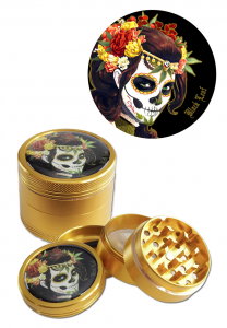Grindere Tutun & Plante - Grinder metalic 'Black Leaf' Mexican Skull, 4 parti, Ø50mm