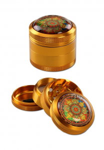 Grindere Tutun & Plante - Grinder metalic Black Leaf, Mandala, 4 parti, Amber, Ø50mm