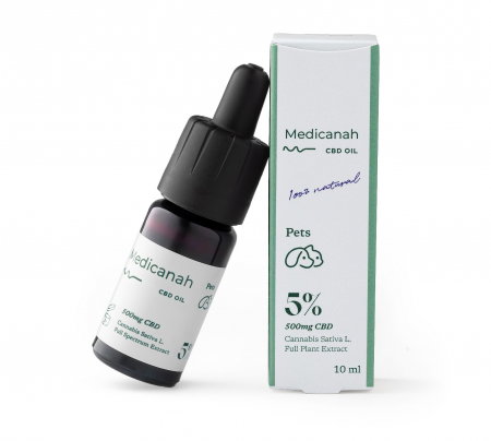 Ulei CBD pentru Animale - Ulei de Canabis CBD 5%, 500mg, Caini si Pisici, Full Spectrum, Medicanah, Aroma Sunca, 10ml