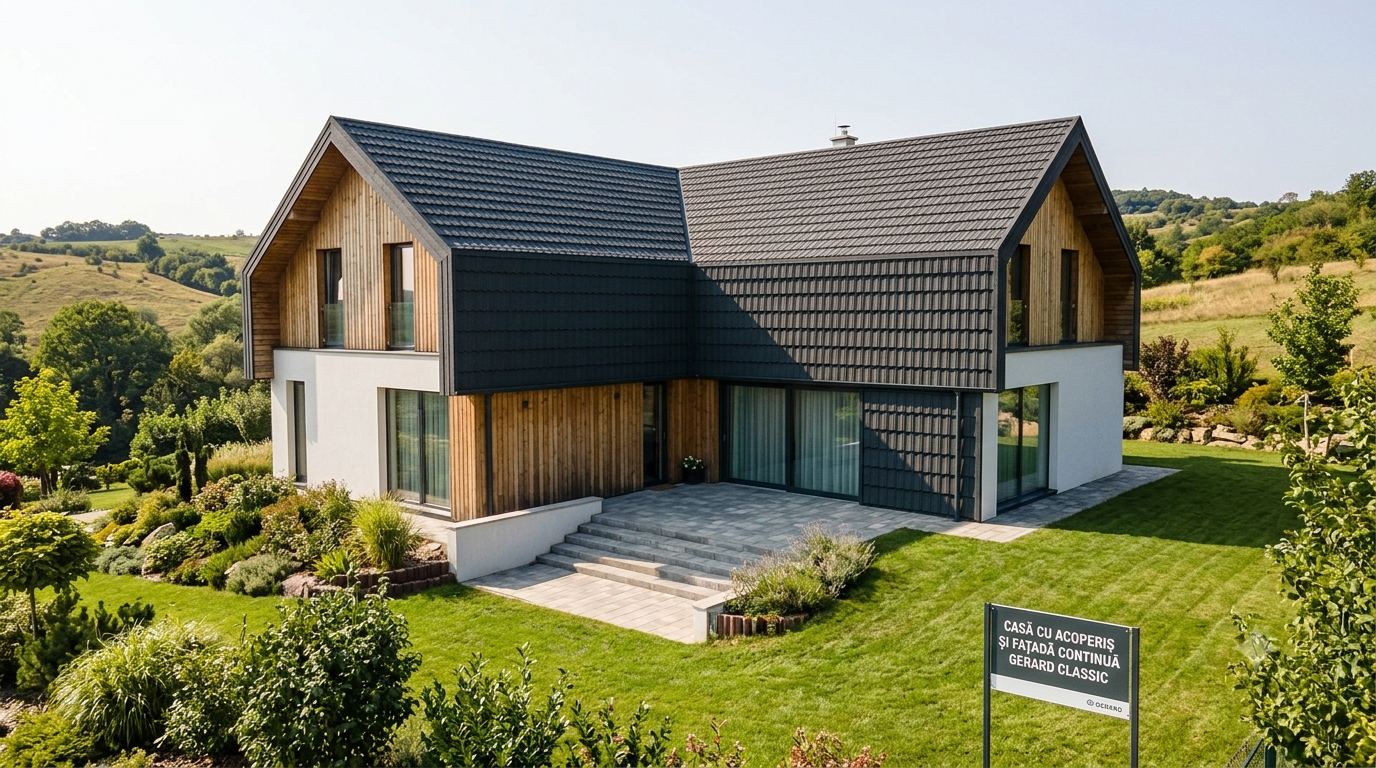 Poți avea acoperișul din GERARD Classic și fațada parțială sau totală din același profil, creând un efect vizual de continuitate care face casa să pară mai mare și mai bine integrată în peisaj.