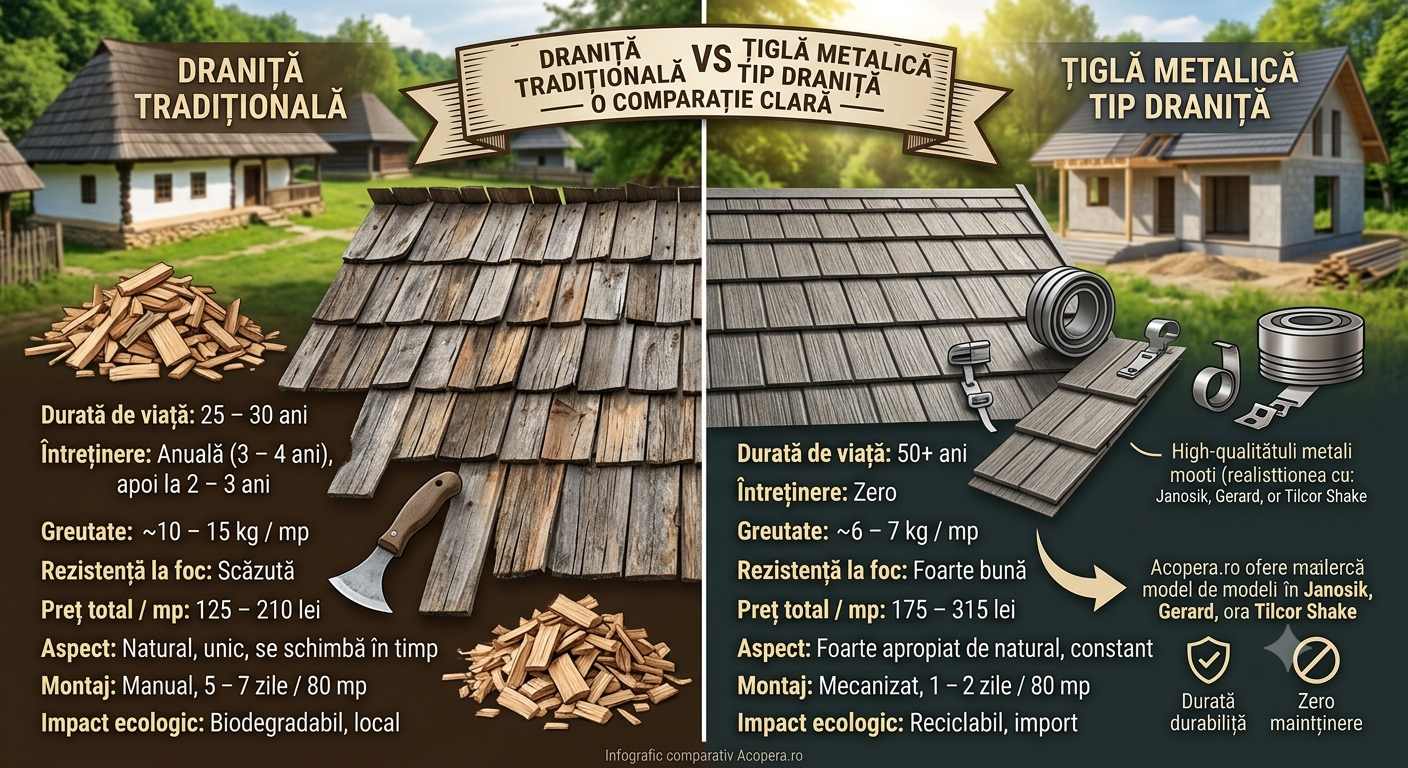 Draniță tradițională vs Țiglă metalică tip draniță