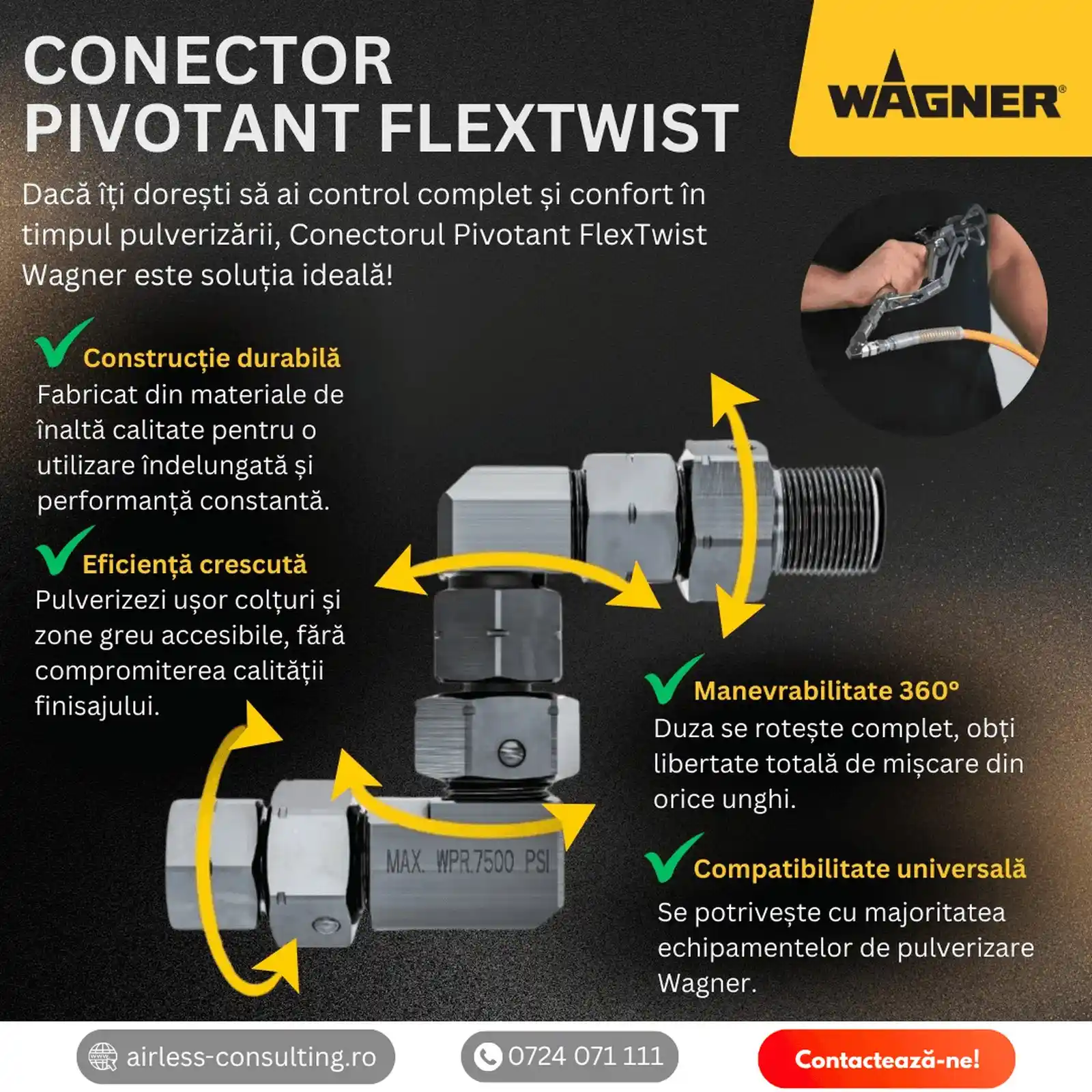 Adaptor rotativ FlexTwist Z, Wagner, intre pistol si furtun airless, 360°, 1/4" [4]