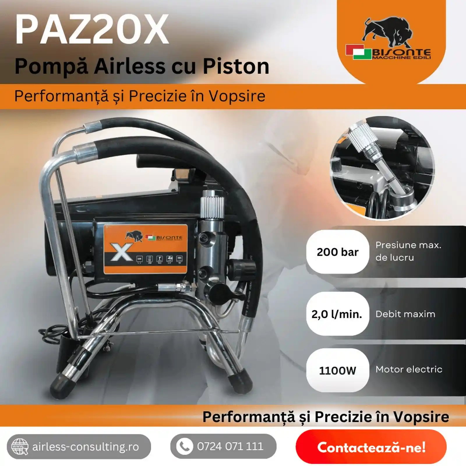 Pompa de zugravit, vopsit, Bisonte, PAZ 20X, debit 2 l/min, pe piston - Kit Complet [4]