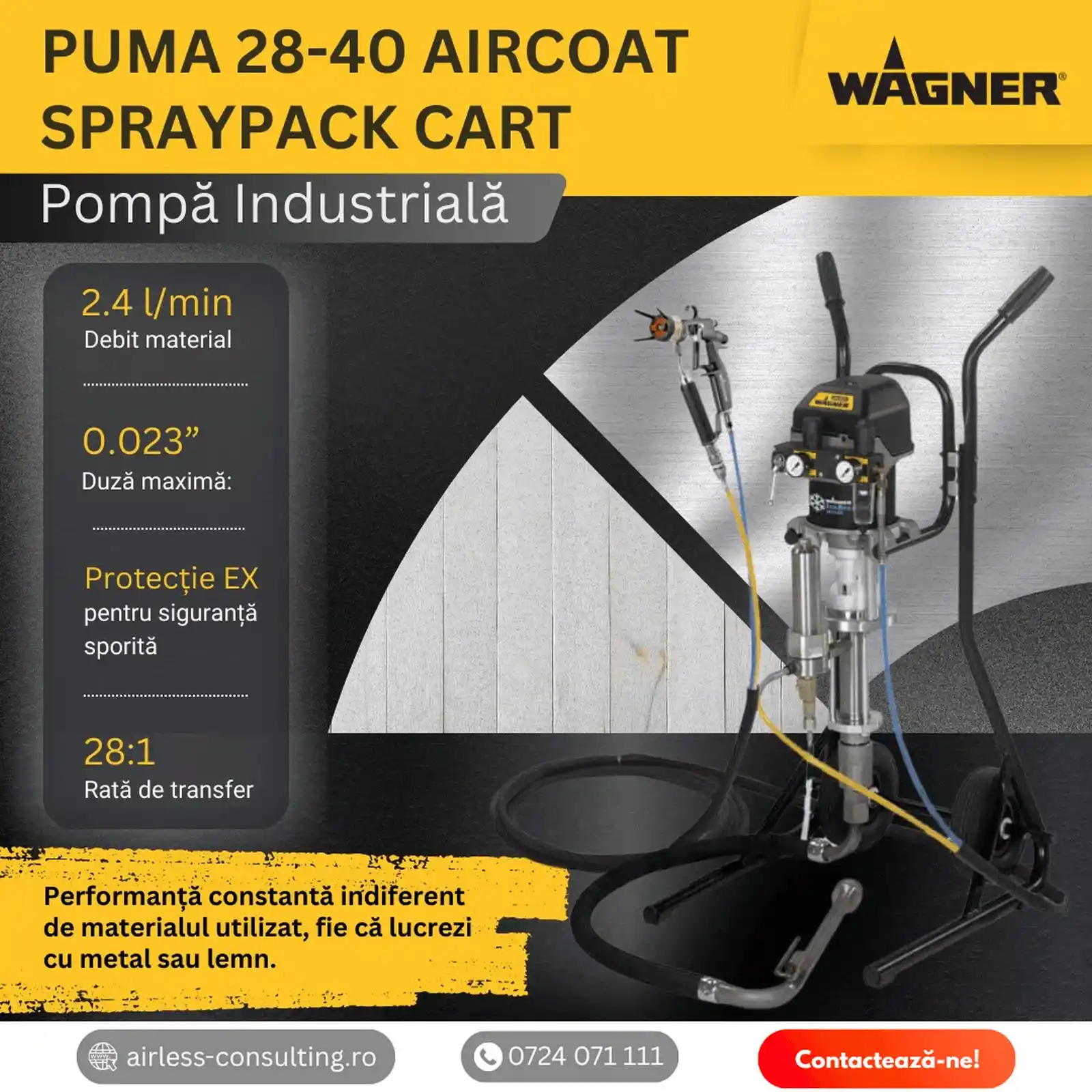 Pompa industriala de vopsit, metal si lemn, Wagner, Puma 28-40, Spraypack Cart, debit 2.4 l/min [2]