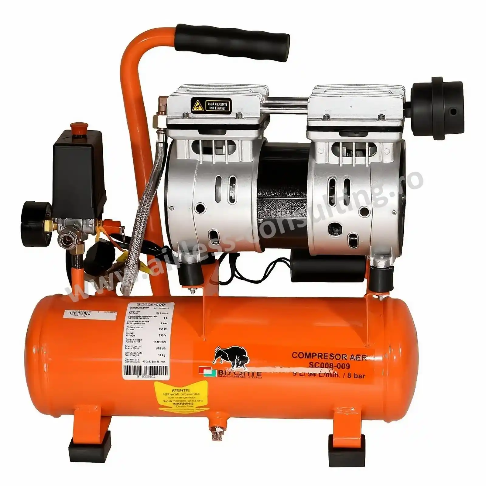 Utilaje profesionale constructii - Compresor aer cu piston, SC008 009, fara ulei, debit aer 94 l/min, 8 bar, 230V
