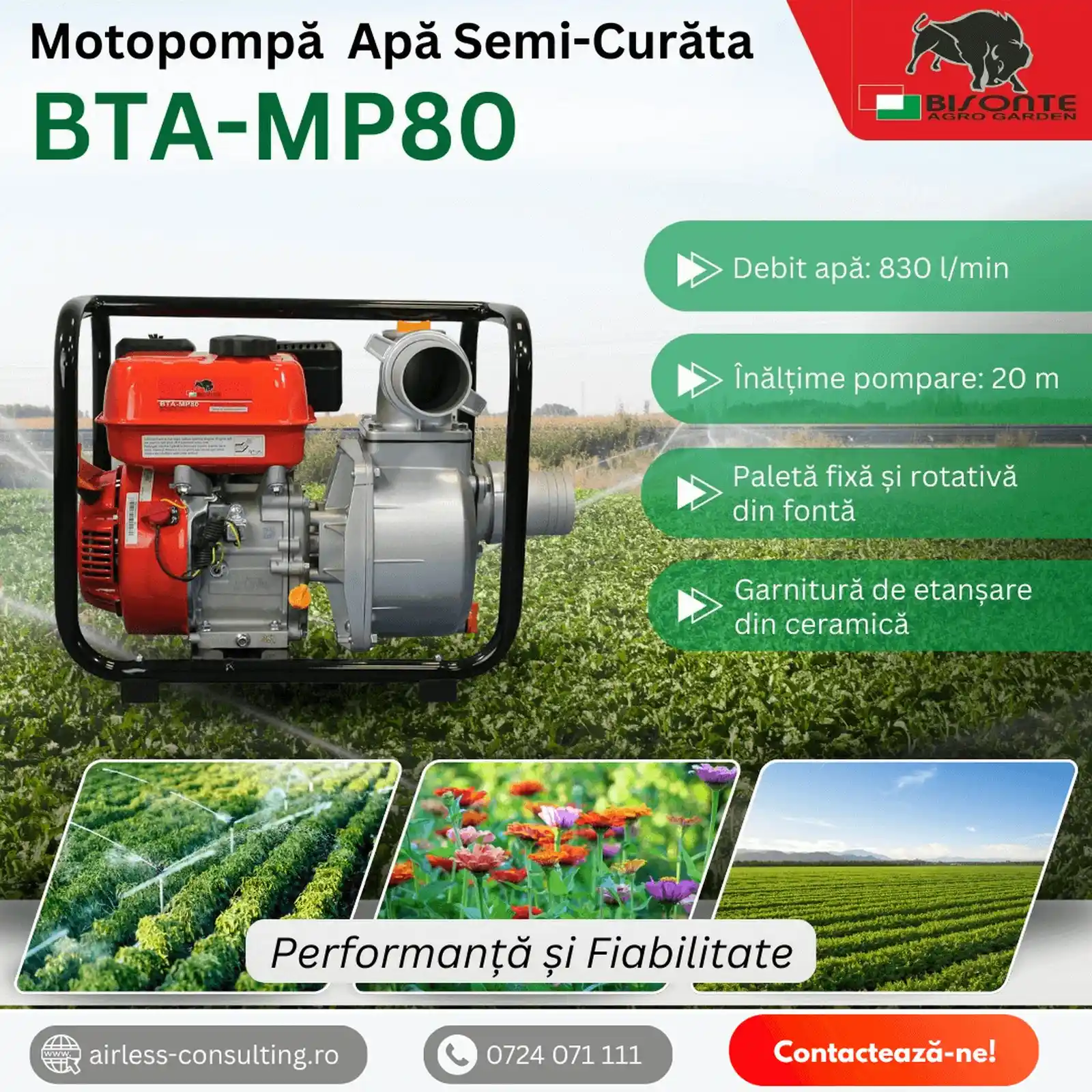 Motopompa ape semicurate BISONTE BTA-MP80 diametru 80 mm debit 50 mc/h [3]