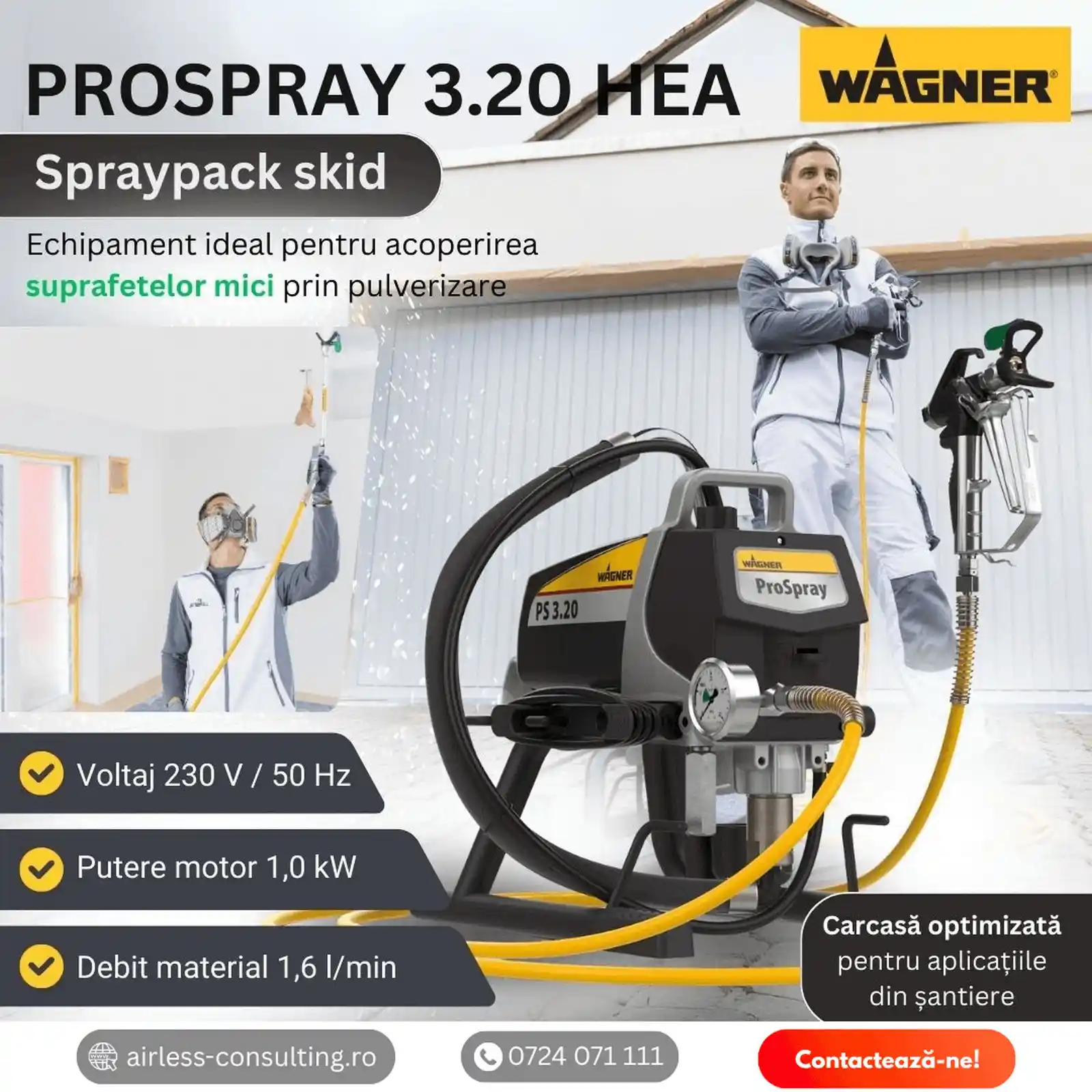 Pompa de zugravit, vopsit, airless, Wagner, ProSpray 3.20 HEA Spraypack 1 kW, airless, [2]