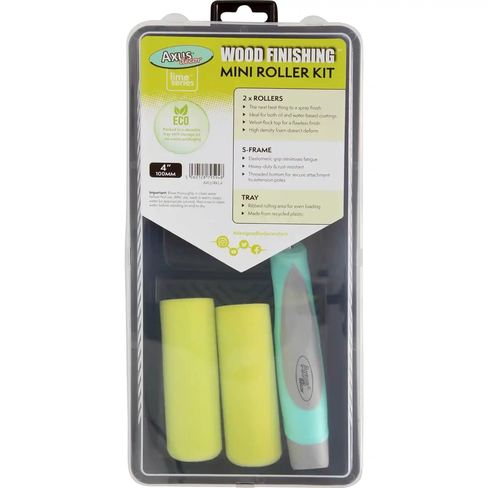 Accesorii si unelte de zugravit, gletuit - Set de rola trafalet Wood Finishing (2 x rola, maner, tava, capac), 10 cm, Axus