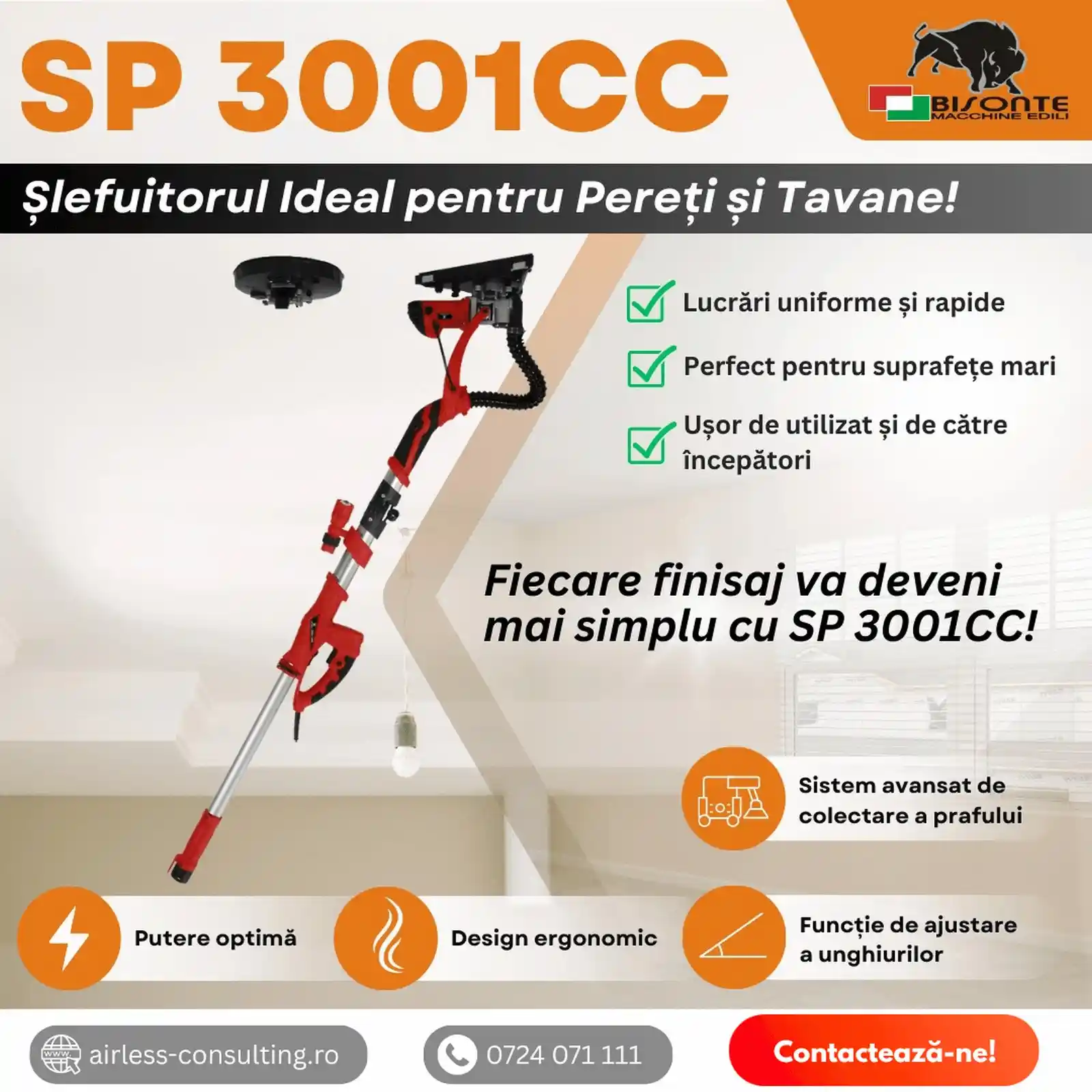 Slefuitor pereti, cu maner telescopic, Bisonte, SP 3001CC, disc 225 mm, 710 W [1]
