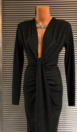 Rochii Dama - Rochie neagra maxi din jerseu cu strasuri cu fronseuri si decolteu adanc - Hannah - maneca lunga