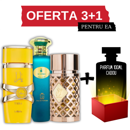 Set cu parfum GRATIS - Yara Tous + Suspiro Abra Pure + Jazzab Gold + Cadou 100ml