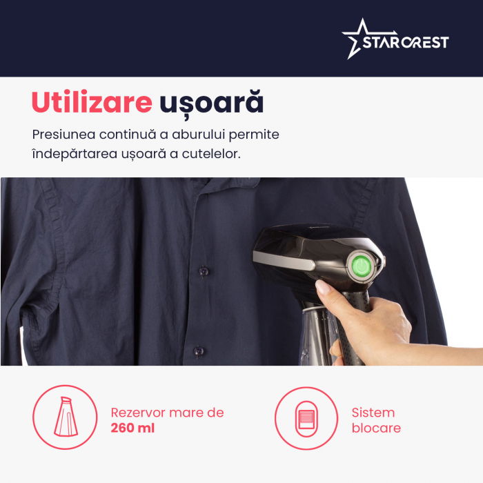 Aparat de calcat vertical STARCREST SGS-1520, 1500 W, Rezervor detasabil 260 ml, 3 Accesorii, Negru [6]