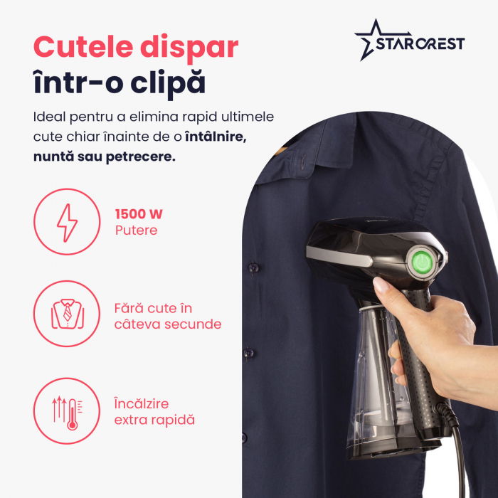 Aparat de calcat vertical STARCREST SGS-1520, 1500 W, Rezervor detasabil 260 ml, 3 Accesorii, Negru [3]