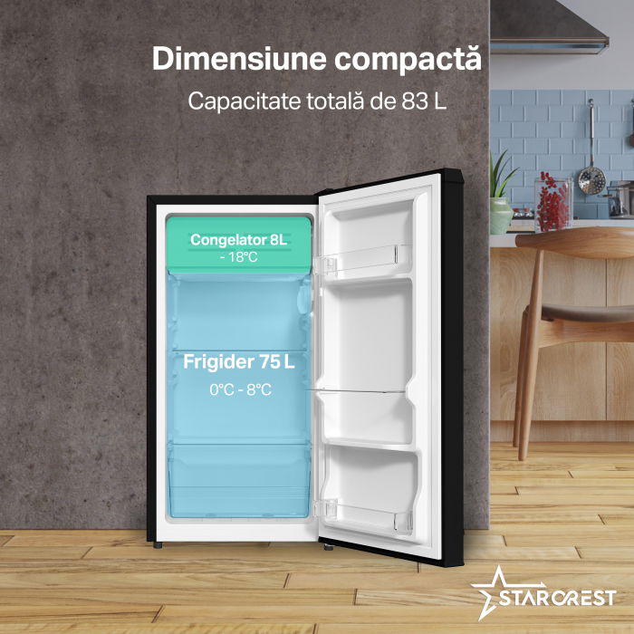 Frigider cu o usa STARCREST SF-83BK-E, Clasa E, Capacitate 83L, Iluminare interioara, Compartiment gheata, H 85 cm, Negru [3]