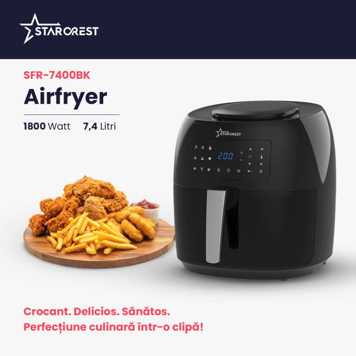 Friteuza cu aer cald STARCREST SFR-7400BK, 1800 W, 7.4 Litri, Termostat 80 - 200 °C, 9 programe predefinite, Negru [2]