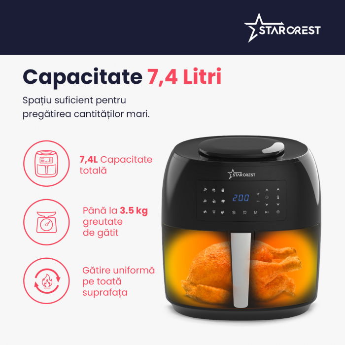 Friteuza cu aer cald STARCREST SFR-7400BK, 1800 W, 7.4 Litri, Termostat 80 - 200 °C, 9 programe predefinite, Negru [6]