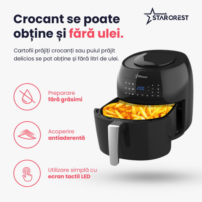 Friteuza cu aer cald STARCREST SFR-7400BK, 1800 W, 7.4 Litri, Termostat 80 - 200 °C, 9 programe predefinite, Negru [3]