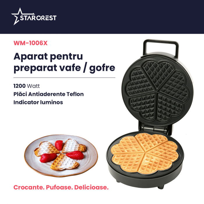 Aparat pentru preparat vafe STARCREST WM-1006X, 1200 W, 5 vafe, Placi antiaderente, Indicator luminos, Negru-Inox [3]