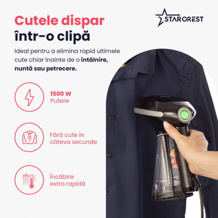 Aparat de calcat vertical STARCREST SGS-1520, 1500 W, Rezervor detasabil 260 ml, 3 Accesorii, Negru [2]