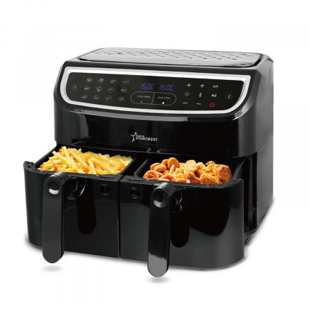 Friteuze - Friteuza cu aer cald STARCREST SFR-9024BK, 2400 W, Cos Dublu, 9 litri, Termostat 80 - 200 °C, 12 programe, Negru