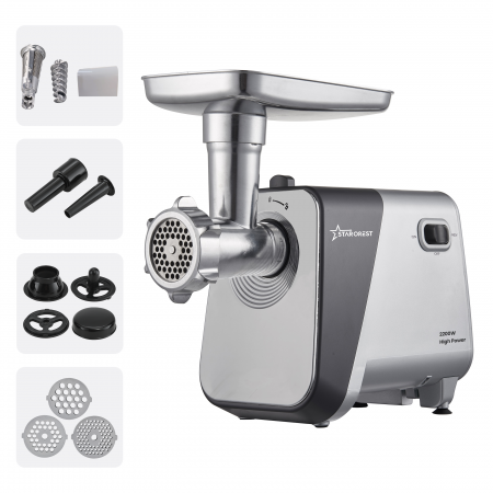 Masini de tocat - Masina de tocat STARCREST SMG-2250S, 2200 W, Accesoriu rosii si carnati, 3 site de taiere, Cutit inox, Gri