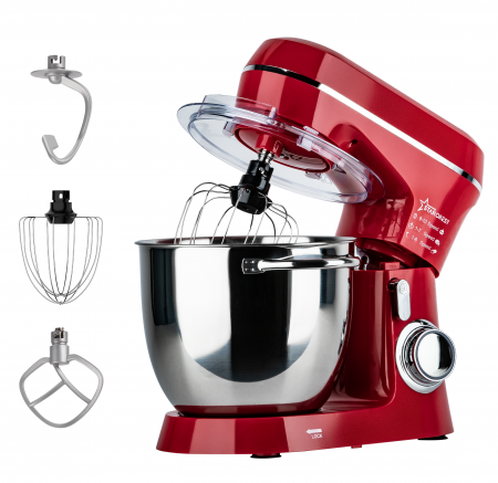 Preparare alimente - Robot de bucatarie STARCREST SKM-1300RD, 1300W, Bol 5.2 L Inox, 4 Accesorii, 10 Viteze + Pulse, Angrenaje metalice, Rosu