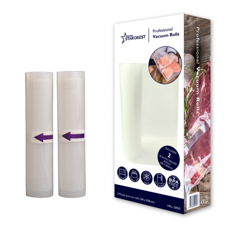 Electrocasnice Mici - Set 2 role folie profesionala pentru vidat STARCREST VRL-2850, 28 x 500 cm, rezistente, reutilizabile, sous vide, lavabile in masina de spalat, fara BPA, transparent