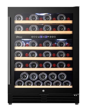 Vitrine pentru vinuri - Vitrina de vinuri incorporabila STARCREST SWN-13851DZ , Capacitate 51 sticle, Clasa F, Rafturi din lemn de fag, Control electronic, Display, 2 zone de racire, Iluminat interior LED, H 82 cm, Negru
