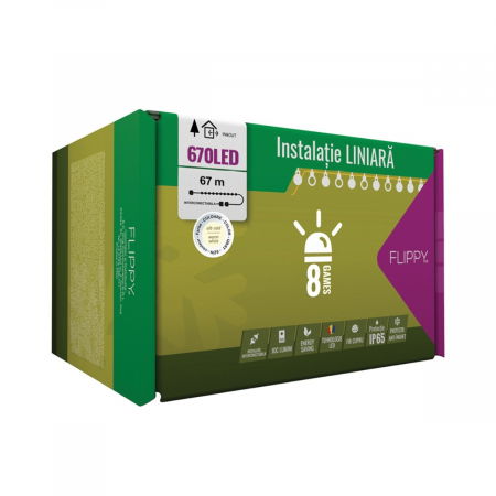 Pentru Casa si Camping - Instalatie Craciun Profesionala de Exterior IP65, 67 m, 670 Led-uri Mari ,Liniara, Alb cald, Interconectabila, Prelungitor 6.5 m inclus, Fir Negru, Flippy