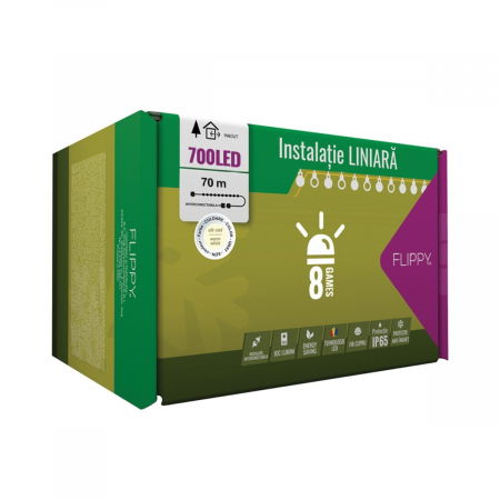 Pentru Casa si Camping - Instalatie Craciun Profesionala de Exterior IP65, 70 m, 700 Led-uri Mari ,Liniara, Alb cald, Interconectabila, Prelungitor 6.5 m inclus, Fir Negru, Flippy