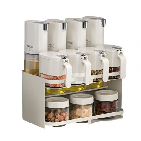 Suporturi si recipiente condimente - Suport pentru Depozitare Condimente, Ulei, Otet, Flippy, Montare pe Perete din 12 Piese, Uz Casnic, pentru Bucatarie, 31 x 21.9 x 31.5cm, Alb