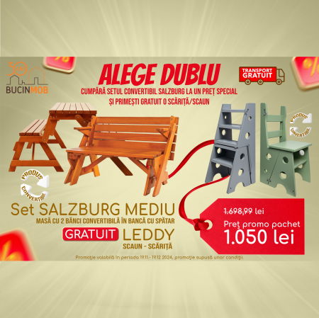 Mobilier gradina lemn - Ofertă Specială: Set SALZBURG MEDIU + Scaun LEDDY GRI Gratis