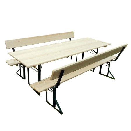 Mobilier gradina lemn - Set berarie STANDARD cu spatar din lemn masiv de rasinos 220 cm pentru terasa sau gradina o masa si doua banci cu spatar culoare natur