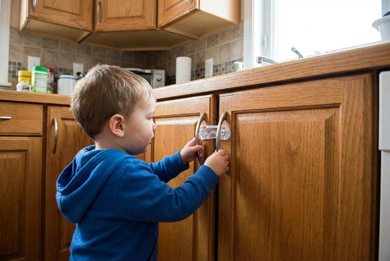 Copilul deschide dulapurile și sertarele? Cum blochezi accesul în siguranță în bucătărie, baie, hol