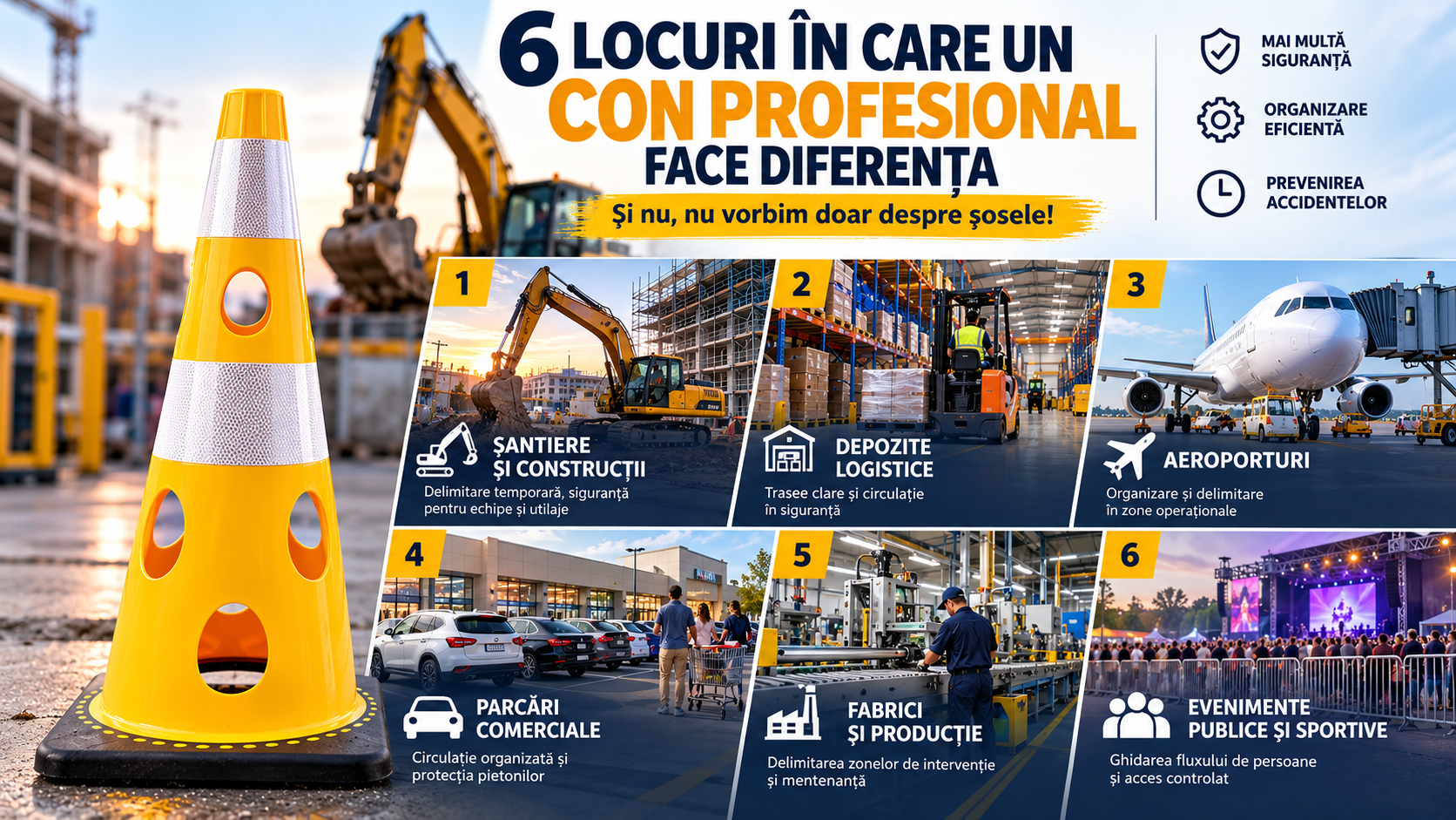 Șase locuri în care un con de semnalizare profesional face diferența. Și nu, nu vorbim doar despre șosele!