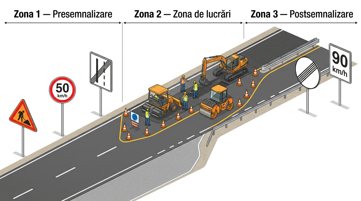 Schemă presemnalizare zonă lucrări postsemnalizare drum