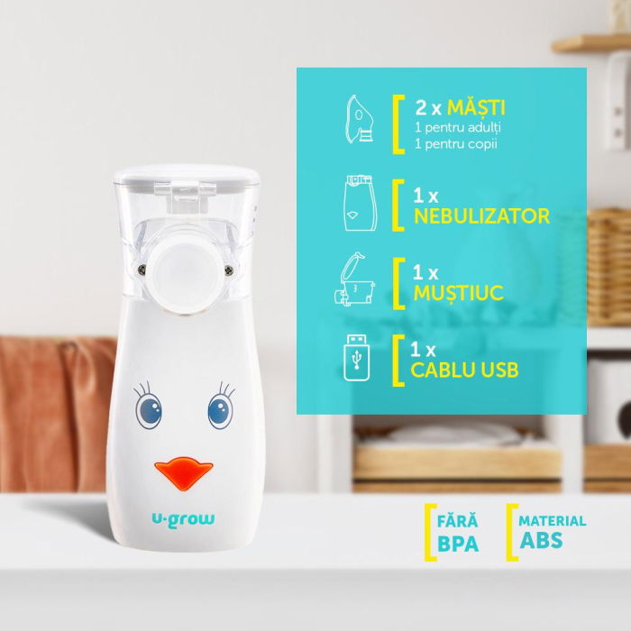 Aparat aerosoli U-Grow , portabil cu ultrasunete ,tehnologie silentoasa, masca de copii si adulti inclusa in pachet, design prietenos pentru copii [4]