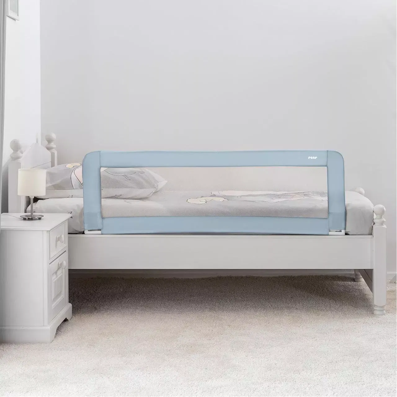 Bariera protectie pat copii, 150 cm, albastru-gri, XL, Reer [2]