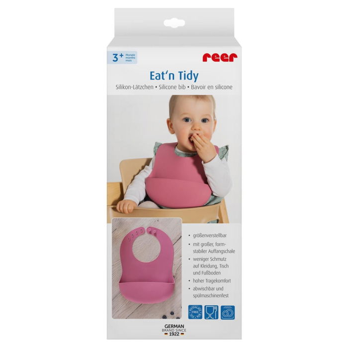 Bavetica din silicon moale cu buzunar colector pentru bebelusi, reglabila, roz, Reer Eat`n Tidy 25044 [6]
