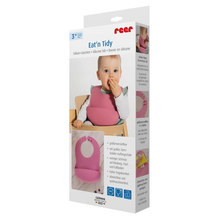 Bavetica din silicon moale cu buzunar colector pentru bebelusi, reglabila, roz, Reer Eat`n Tidy 25044 [7]