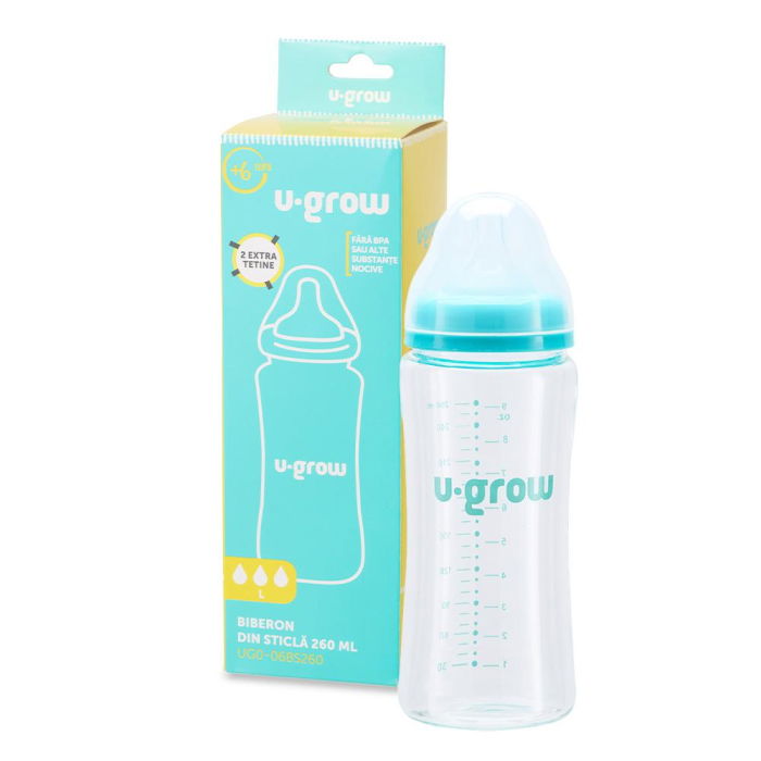 Biberon de sticla 260 ml+2 tetine extra, U-Grow [1]