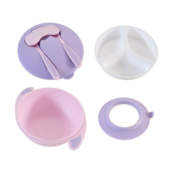 Bol compartimentat cu ventuza antialunecare si capac cu lingurita si furculita, mov, U-Grow [3]
