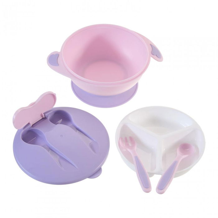 Bol compartimentat cu ventuza antialunecare si capac cu lingurita si furculita, mov, U-Grow [2]