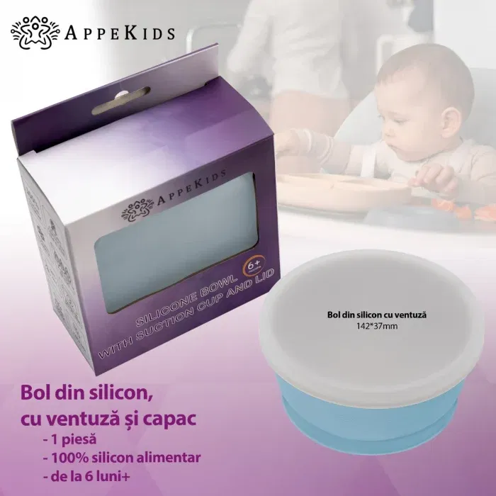 Bol din silicon cu ventuza si capac, AppeKids - Albastru [5]