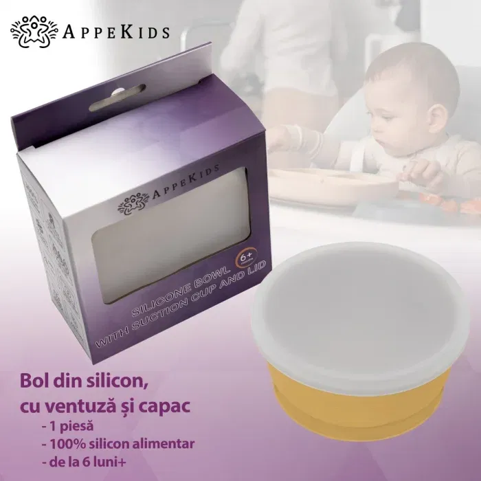 Bol din silicon cu ventuza si capac, AppeKids - Galben [4]