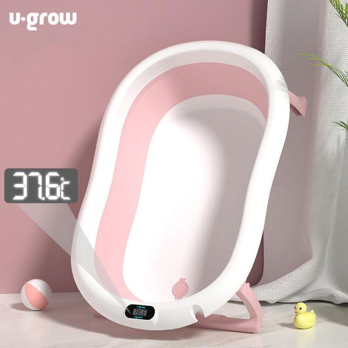 Cadita cu pernuta pentru bebelusi, termometru digital incorporat, pliabila, dop se scurgere, picioare anti-alunecare , roz, U-Grow [3]