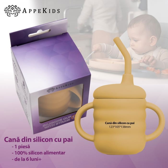 Cana din silicon cu pai, AppeKids - Galben Miere [3]