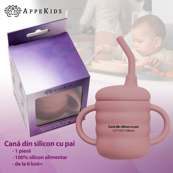 Cana din silicon cu pai, AppeKids - Roz [4]