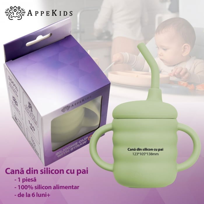 Cana din silicon cu pai, AppeKids - Verde [3]